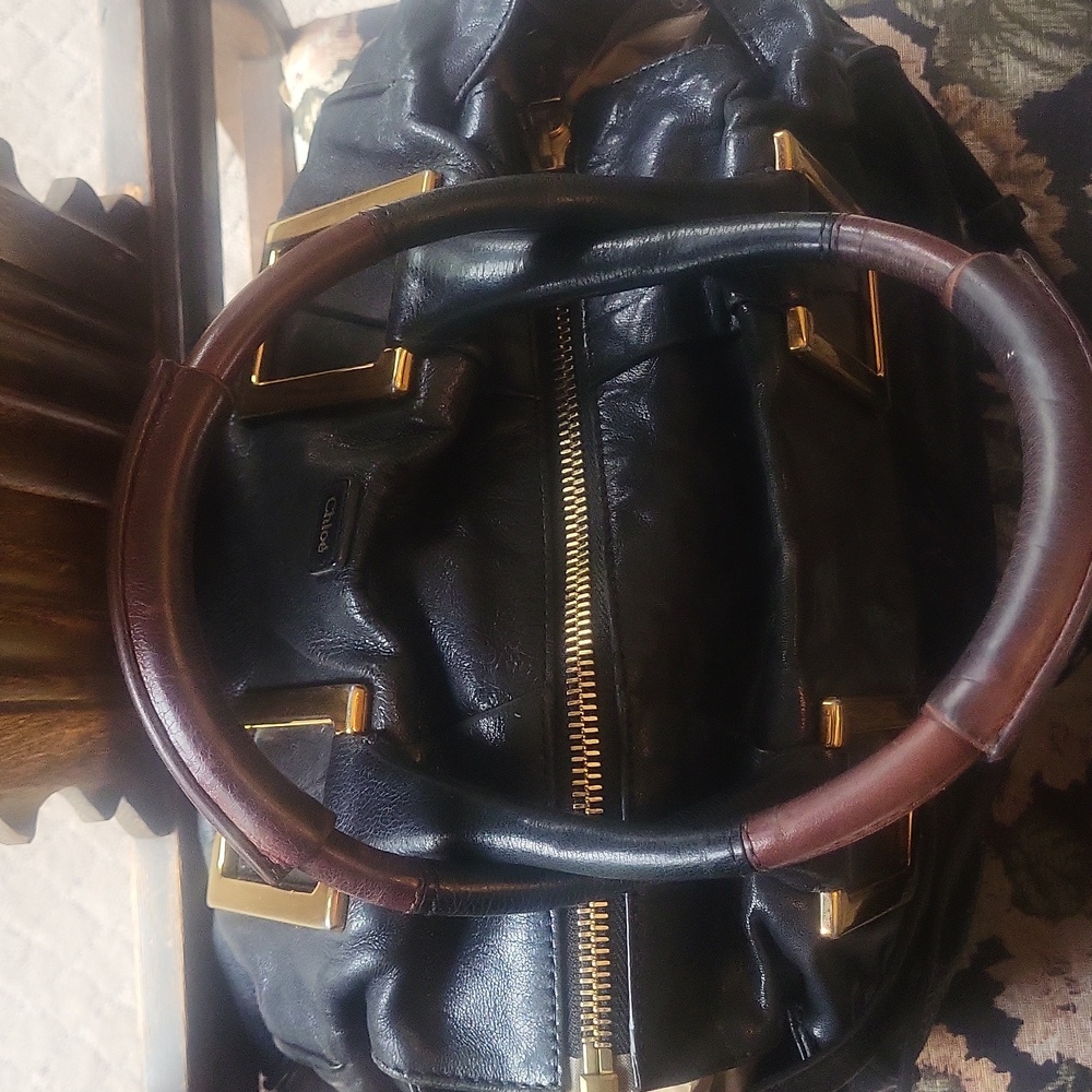 Chloe Black Leather Satchel Crossbody Bag with Gold Accents - Picture 5 of 14